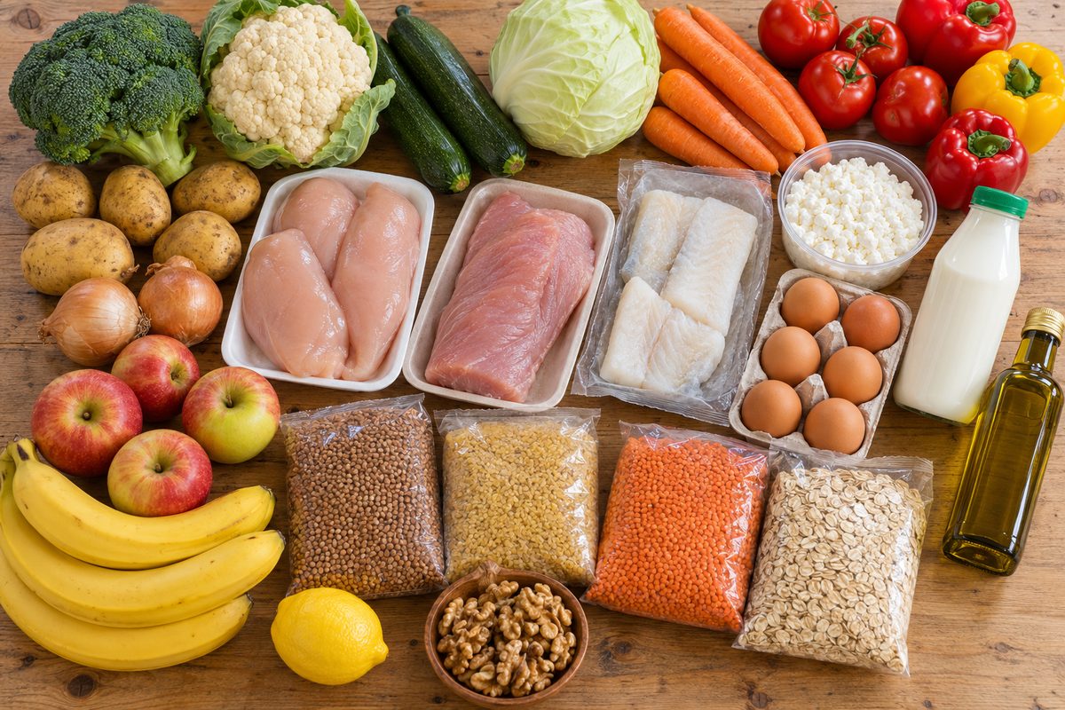 Продукты для меню на неделю на кухонном столе: филе курицы, индейки и трески, овощи, крупы, яйца, творог и кефир