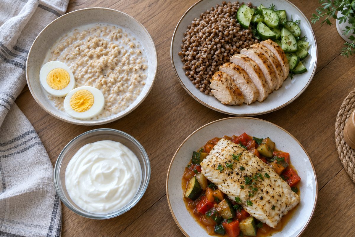 Рацион на день: овсянка, гречка с курицей, йогурт, минтай с овощами