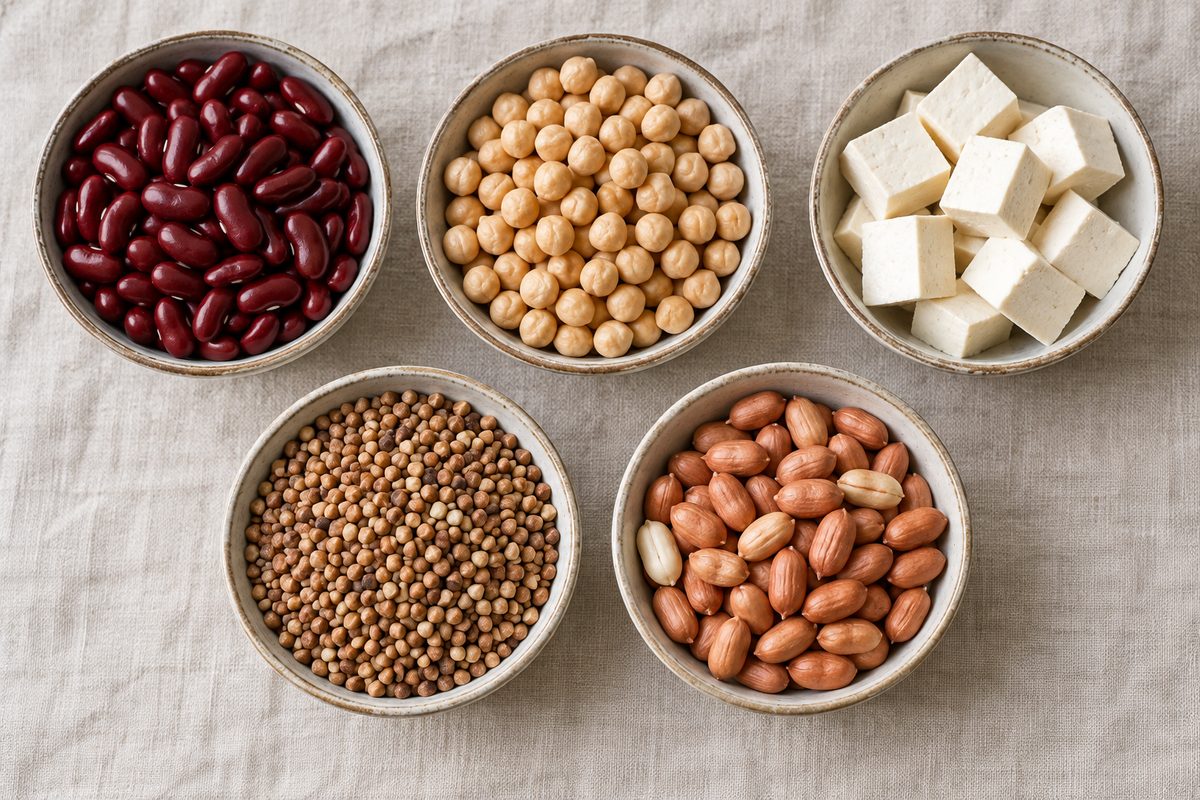 Растительные продукты с белком: фасоль, нут, тофу, гречка, арахис