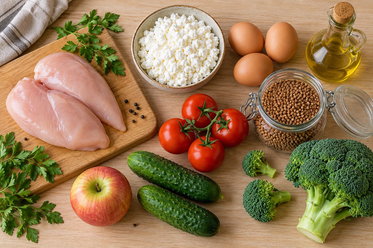 Продукты на день при дефиците калорий: куриное филе, творог, яйца, гречка, овощи и бутылка масла на кухонном столе