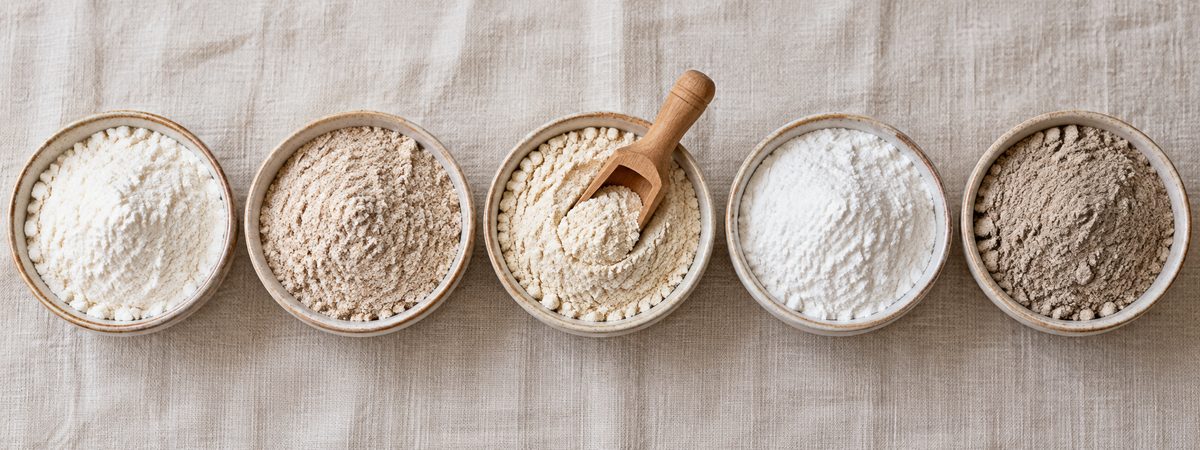 Пять мисок с разной мукой для блинов: пшеничная, цельнозерновая, овсяная, рисовая и гречневая