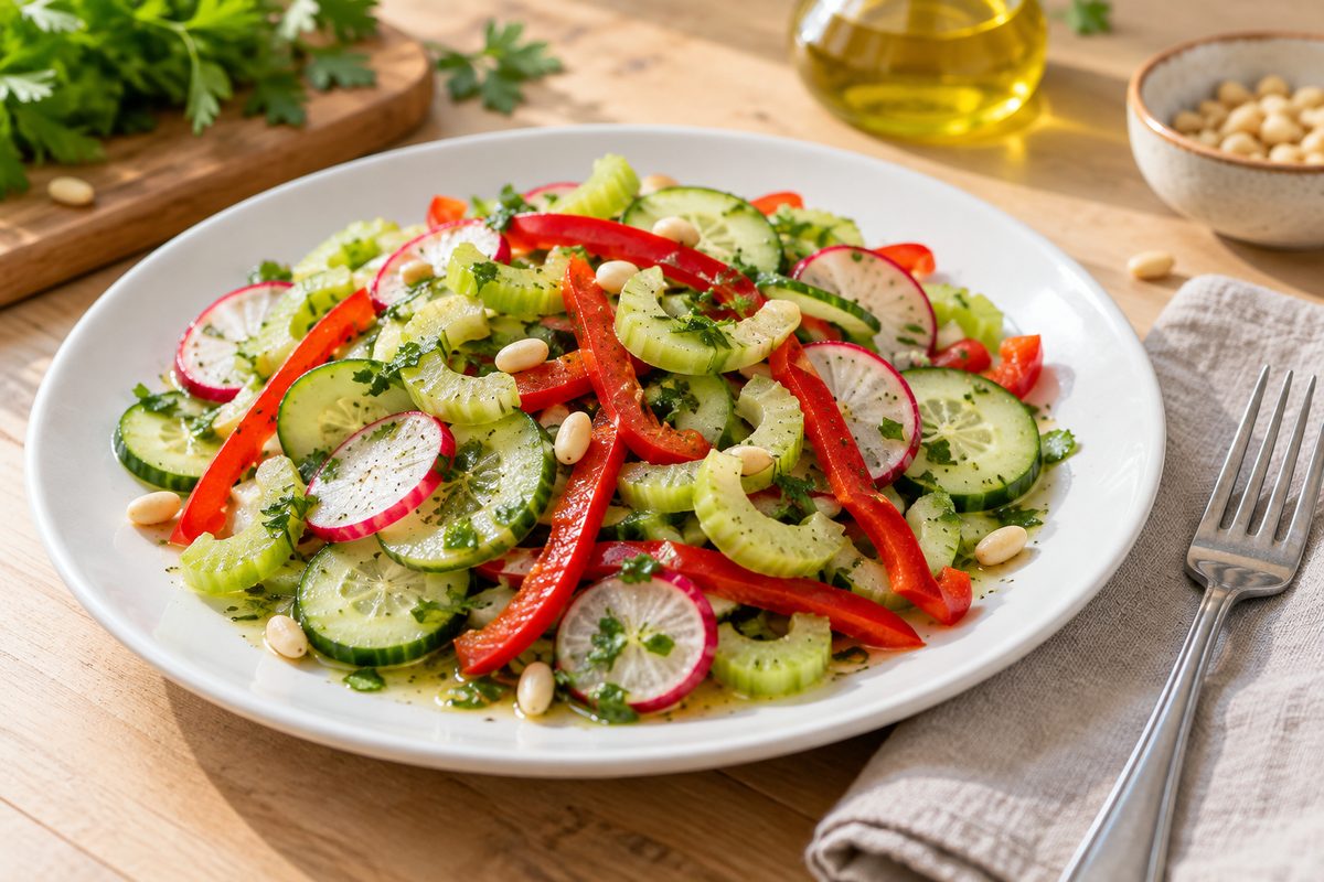 Овощной салат с кружками огурца и редиса, соломкой сладкого перца и кедровыми орешками в белой тарелке