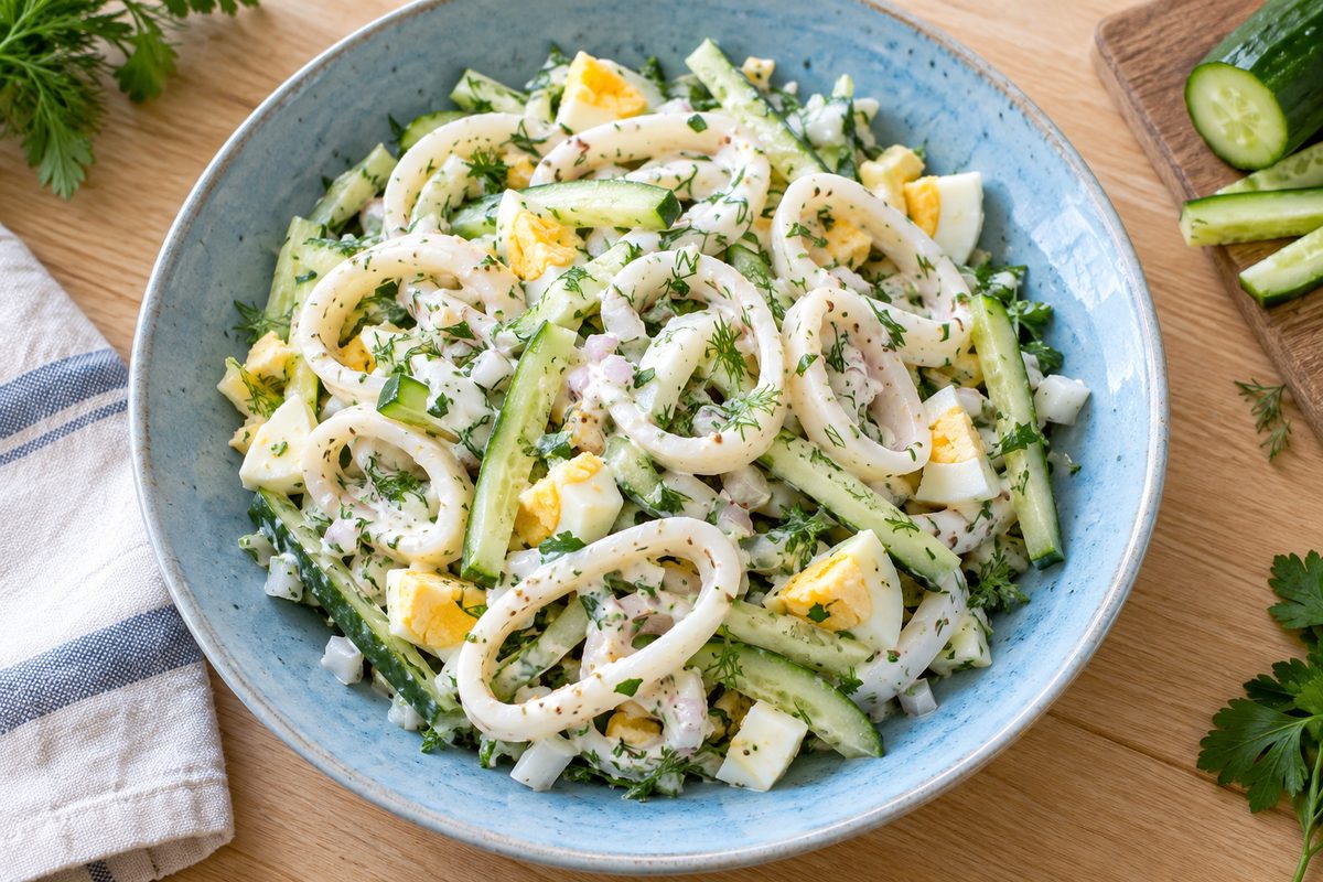 Салат из колец кальмара, полосок огурца и рубленого яйца с йогуртовой заправкой в глубокой тарелке