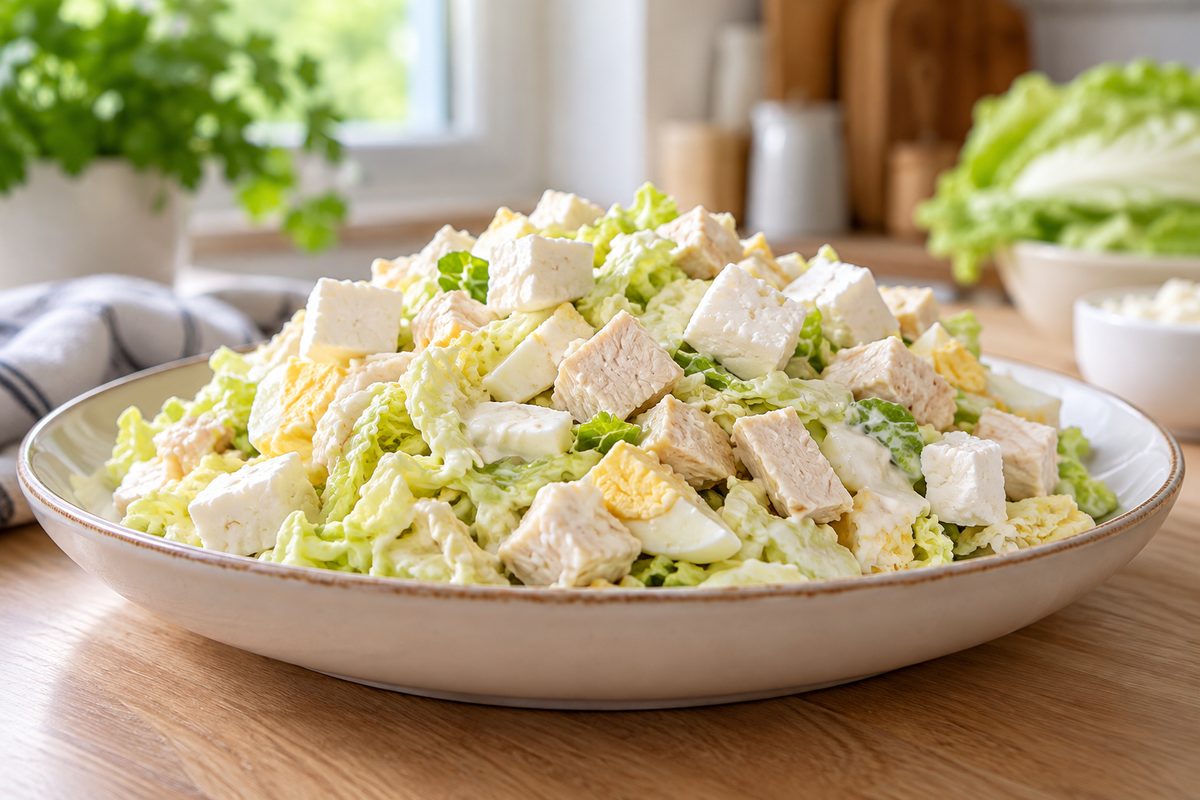Салат из пекинской капусты с кубиками курицы, яйца и феты в неглубокой тарелке