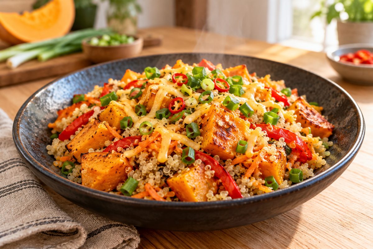 Тёплый салат с кусочками запечённой тыквы, киноа, тёртой морковью и перцем в глубокой тарелке