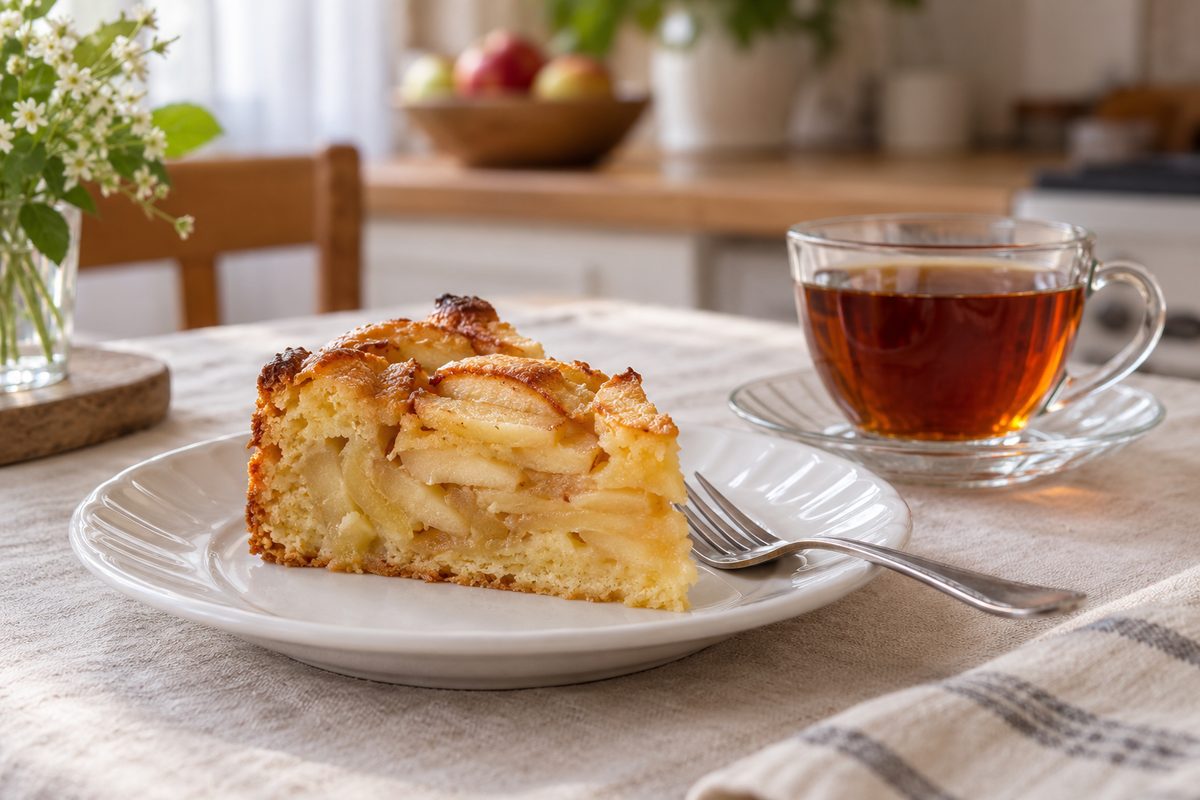 Кусок ПП шарлотки на тарелке рядом с чашкой чая