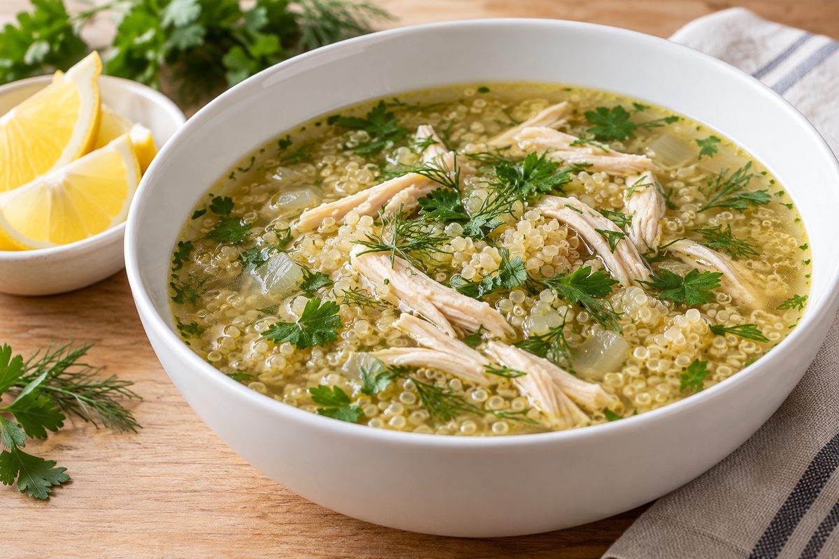 Тарелка куриного супа с киноа, волокнами курицы и зеленью