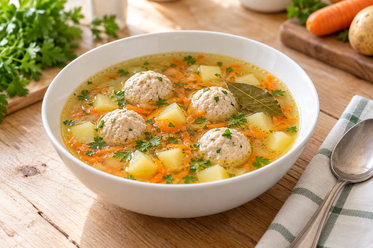 Тарелка супа с куриными фрикадельками, кубиками картофеля и тёртой морковью