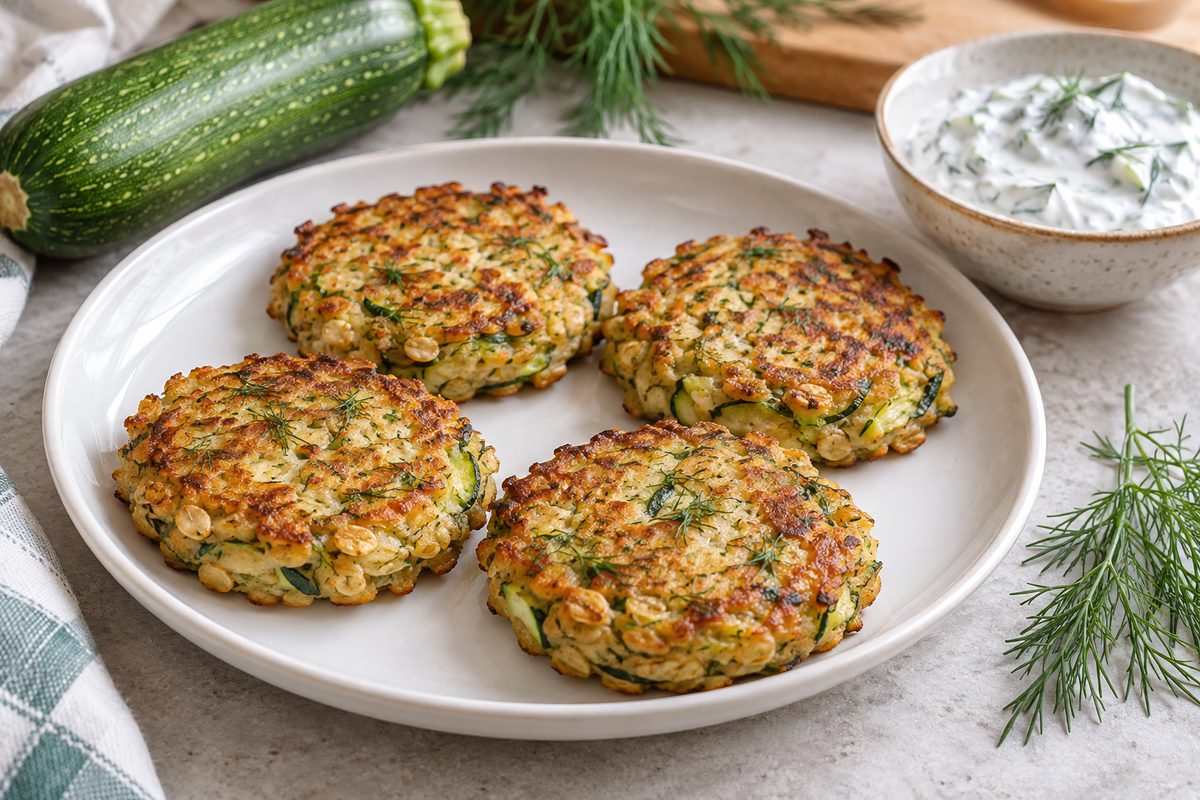 Оладьи из кабачков с овсяными хлопьями и укропом на тарелке, рядом соус из сметаны с зеленью