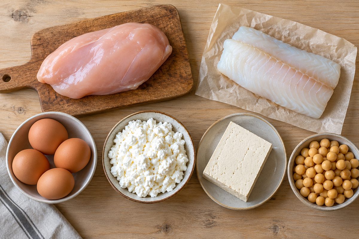 Сырые продукты для ужина: куриное филе, филе трески, яйца, творог, тофу и нут на кухонном столе