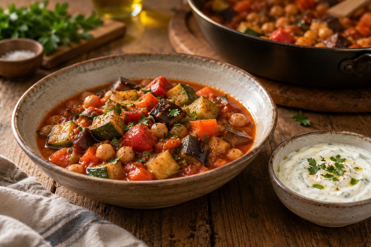 Овощное рагу из кабачка, баклажана и перца с нутом и соусом из йогурта