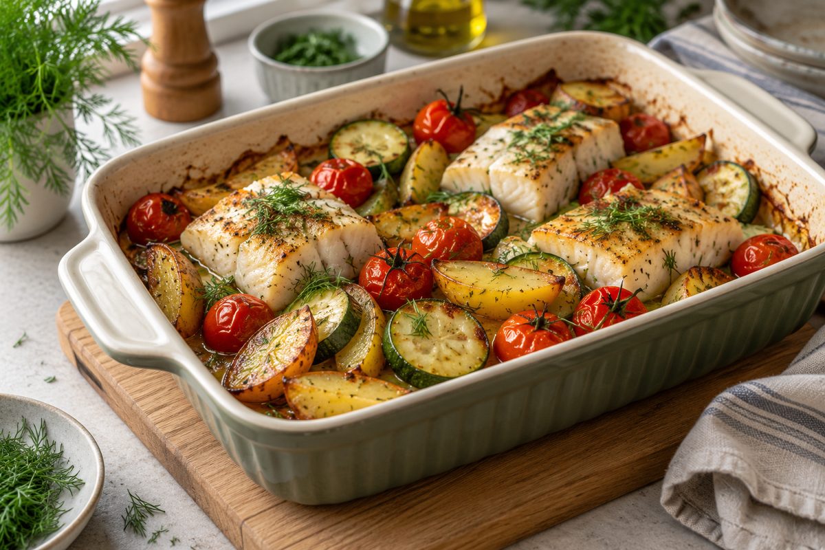 Филе трески с кабачком, помидорами черри и картофелем в форме для запекания